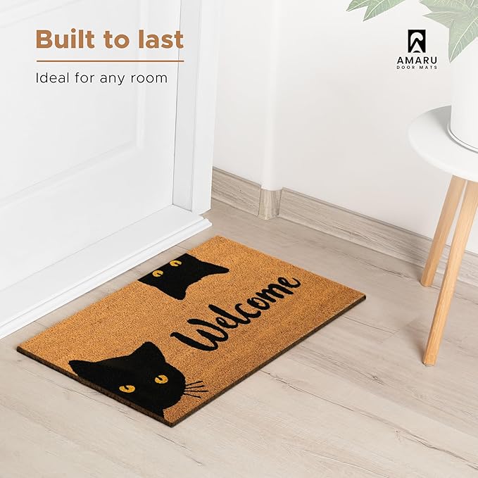 Welcome Cats - 24"x36" - Coir Door Mat with Heavy Duty Backing - Welcome Mats for Entryway, Porch - Anti-Slip PVC & Coconut Fiber Surface - Natural Home Accessories, Minimalist Original Design