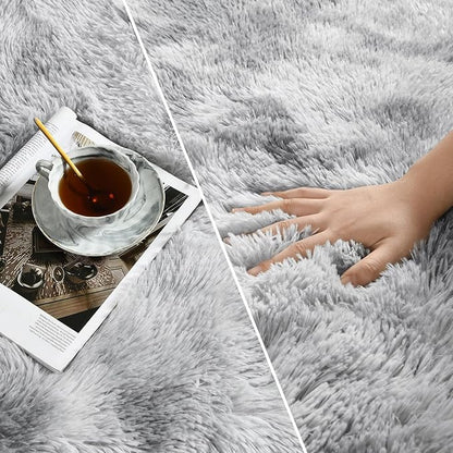 Large Shag Area Rugs 9 x 12, Tie-Dyed Plush Fuzzy Rugs for Living Room, Ultra Soft Fluffy Furry Rug for Bedroom, Indoor Carpet Nursery Rugs for Kids Room Home Decor, Light Grey
