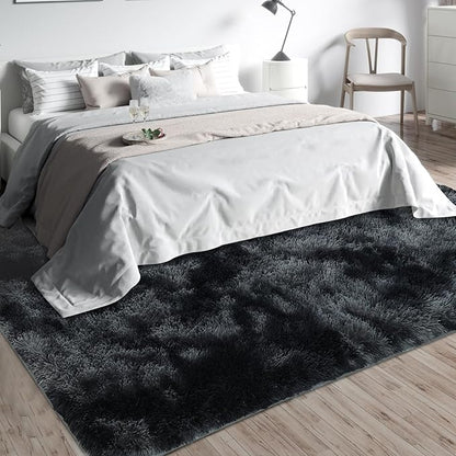 Shag Area Rugs for Bedroom Living Room,6X9 Ultra Soft Fluffy Area Rugs for Dorm, Indoor Carpet Nursery Rugs for Kids Room Home Decor, Black Grey