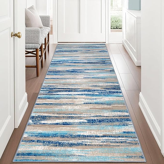 Lansny Modern Abstract Runner Rug 3x8, Blue Washable Kitchen Runner Non-Slip Soft Hallway Rug Runner Thin Print Faux Wool Carpet for Entryway Bedroom Laundry Room Indoor Home Office Decor