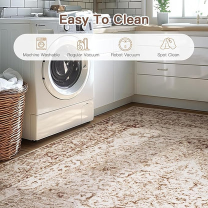 Lofus 2x6 Runner Rug for Hallways, Washable Kitchen Rugs, Non-Slip Rugs for Entryway and Bedroom, Vintage Boho Carpet, Soft Low Pile Long Runner Area Rug, Vintage Beige Brown