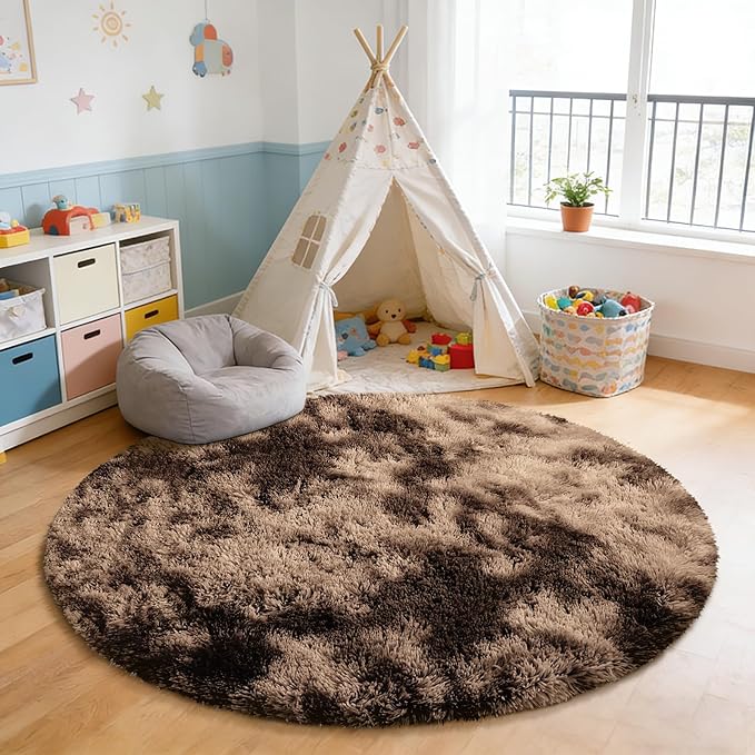 Tie-Dyed Coffee Fluffy Round Rug,Soft Area Rugs for Girls Room,Shaggy Rugs 3'X3' for Living Room,Non Slip Circle Rug for Kids Bedroom,Shag Plush Nursery Carpets,Fuzzy Rug for Dorm,Room Decor Carpet