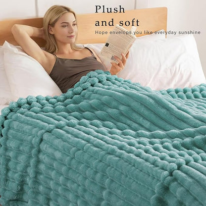 Exclusivo Mezcla Twin Size Flannel Fleece Blanket, Super Soft Striped Jacquard Bed Blanket, Lightweight Fuzzy Cozy for All Seasons, 60x80 Inches, Celadon