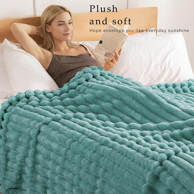 Exclusivo Mezcla King Size Flannel Fleece Blanket, Super Soft Striped Jacquard Bed Blanket, Lightweight Fuzzy Cozy for All Seasons, 90x104 Inches, Celadon
