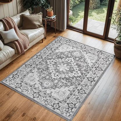 Lofus 3x5 Area Rugs for Living Room, Machine Washable Area Rug, Soft Small Rugs for Bedroom, Kitchen, Office and Indoor, Vintage Boho Carpet, Non-Slip Low Pile Carpets, Floral Grey