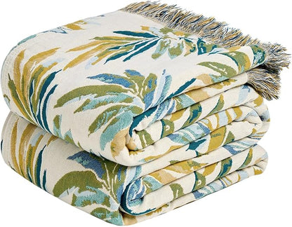 MSGKV Boho Throw Blanket for Bed Cotton 60"x80" Leaves Blanket Twin Size Couch All Seasons Muslin Spring Breathable Lightweight Farmhouse Blankets