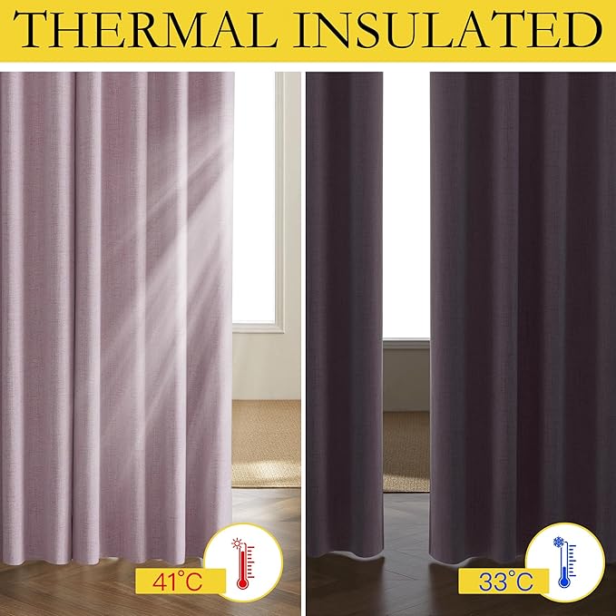 NICETOWN Pink Vintage Linen 100% Blackout Curtains for Living Room, Thermal Insulated Curtains 95“ Long, Noise Reducing Window Treatment Drapes for Home Office, 62" Wide Per Panel, Set of 2