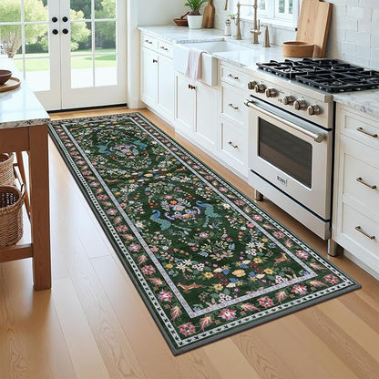 HEBE Washable Hallway Runner Rug 2'x 8' Non Slip Kitchen Rugs Runner,Low Pile Entryway Rug Laundry Room Mat Floral Carpet Runners for Hallways, Kitchen,Bathroom,Laundry,Bedside Rug