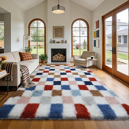 Large Shag Area Rug for Bedroom Living Room,8x10 Fluffy Soft Colorful Checkered Rug Fuzzy Shaggy Bedroom Carpet,Indoor Plush Floor Rugs for Kids Boys Girls Teen Dorm Nursery Home Decor