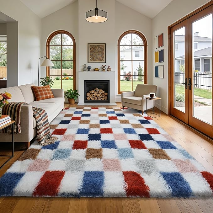 Shag Area Rug for Bedroom Living Room,4x6 Fluffy Soft Colorful Checkered Rug Fuzzy Shaggy Bedroom Carpet,Indoor Plush Floor Rugs for Kids Boys Girls Teen Dorm Nursery Home Decor