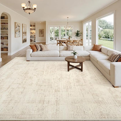 8x10 Area Rugs for Living Room: Vintage Boho Neutral Washable Rug Indoor Soft Large Area Rug Carpet for Bedroom Nursery Farmhouse Dining Room Office Floor Non-Slip Low Pile Under Table Rug Dark Beige