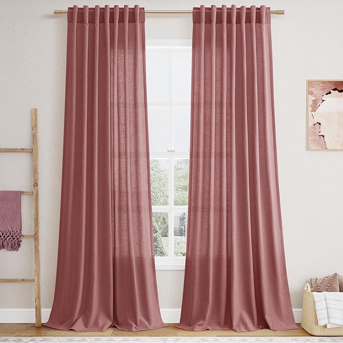 Canyon Rose Linen Curtains 108 Inches Long for Living Room 2 Panels Set Extra Long Back Tab Curtain Semi Sheer Light Filtering Dusty Rose Drapes Floor to Ceiling Curtains for Large Windows 52x108