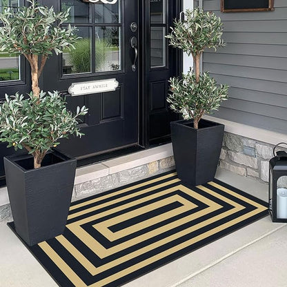 Front Door Mat Indoor Entrance - 2x4.3 Ft Modern Washable Layered Doormat Outdoor Entrance Porch Rug Non-Slip Black Tan Geometric Border Runner Rug for Kitchen Bedroom Laundry Room Porch Decor