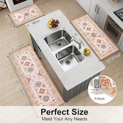 HEBE Boho Kitchen Rug Sets 3 Piece with Runner Non Slip Kitchen Rugs and Mats Washable Kitchen Mats for Floor Thick Kitchen Floor Mat Carpet Runner Rugs for Hallway Laundry Holiday Decor