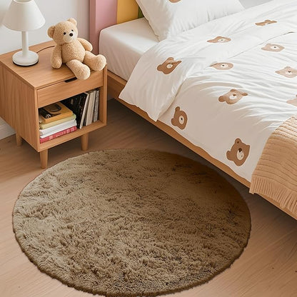 OLANLY Taupe Round Rugs for Bedroom - Machine Washable, 3 ft Circle Area Rugs for Living Room, Soft and Fluffy Shaggy Carpet for Teen Girl and Boys, Nursery Rooms, Dorms, Home Decor Aesthetic