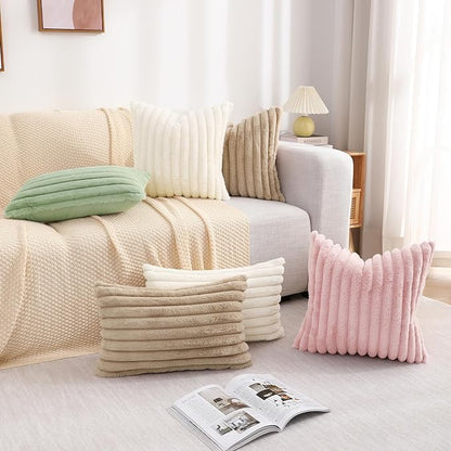 decorUhome Cozy Faux Fur Throw Pillow Covers 12x20 Set of 2 Decorative Soft Plush Striped Lumbar Modern Farmhouse Boho Couch Pillow Cases with Velvet Back for Sofa Bed Living Room, Grey