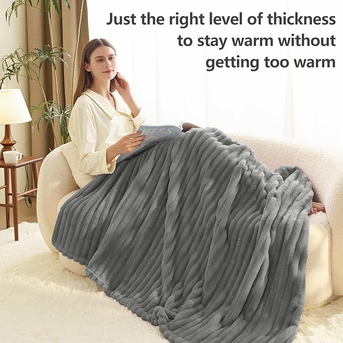HIMEET Grey Ribbed Queen Size Blanket for Bed - 300GSM Lightweight Fleece Blanket for Men Women, Large Cozy Sofa Couch Cover Bed Blankets Gifts, Striped Spring Home Room Decor, Grey, 90x90 Inches