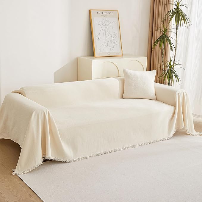 MYSKY HOME Boho Couch Cover Beige Sofa Covers with White Tassel Farmhouse Sofa Slipcover Simple Couch Protector for Dogs Chenille Sectional Couch Covers L Shaped Couch Cushion Covers, 91"x 134"