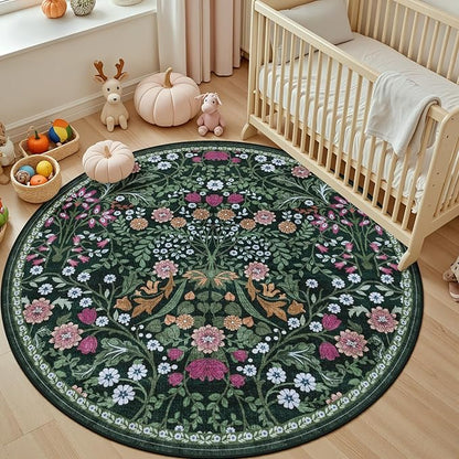 Round Area Rug for Living Room: 4 ft Floral Washable Circle Rug Soft Boho Non-Slip Carpet Indoor Stain Resistant Low Pile Small Circular Rug for Bedroom Entryway Kitchen Nursery Home Office Dark Green