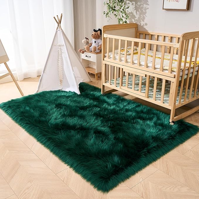EasyJoy Ultra Soft Fluffy Shaggy Area Rug Faux Fur Rug Chair Cover Seat Pad Fuzzy Area Rug for Bedroom Floor Sofa Living Room (4 x 6 ft Rectangle, Dark Green)