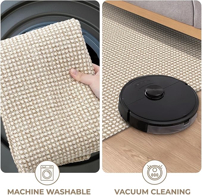 KOZYFLY Runners for Hallways 3x10 ft Washable Kitchen Runner Non Slip Rubber Backed Hallway Rugs Cotton Entryway Runner Rug Floor Carpet for Indoor Hall, Backdoor, Kitchen, Ivory/Khaki