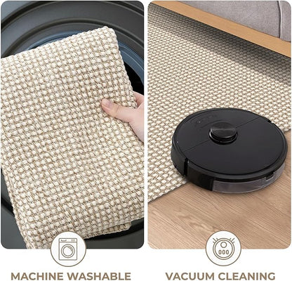 KOZYFLY Long Runners for Hallways 3x12 ft Washable Kitchen Runner Non Slip Rubber Backed Hallway Rugs Cotton Entryway Runner Rug Floor Carpet for Indoor Hall, Backdoor, Kitchen, Ivory/Khaki