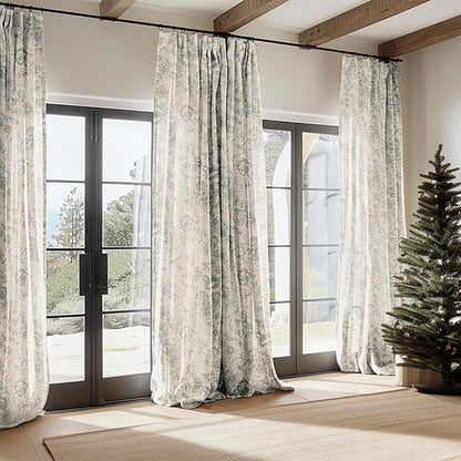 jinchan Linen Blend Curtain Floral Curtains for Living Room 108 Inch Length Grey Printed Curtain Rod Pocket Back Tab Farmhouse Peony Flower Patterned Drapes Bedroom Window Curtains Set 2 Panels
