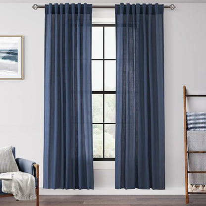 Navy Blue Curtains 80 inch Length for Bedroom Back Tab Light Filtering Semi Sheer Blue Living Room Curtains Linen Cotton Textured Indigo Blue Drapery Panel Modern Farmhouse Aesthetic Decor Dark Blue