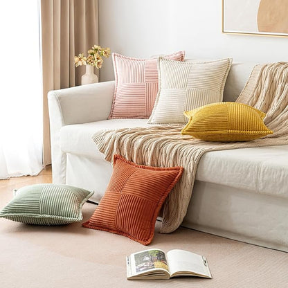 MIULEE Rust Decorative Throw Pillow Covers for Couch Bed Livingroom 20x20 Inch Set of 2 Boho Accent Throw Pllows Broadside Striped Patchwork Soft Corduroy Pillowcases