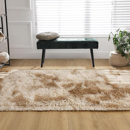 Tepook Fluffy Runner Rugs for Bedroom Aesthetic 2x6 Feet, Shag Soft Bedside Rug with Non-Slip Bottom, Fuzzy Plush Carpet for Room, Hallway Rug for Nursery Dorm Indoor Home Decor, Tie-Dyed Beige