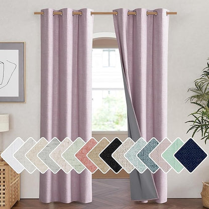 NICETOWN Pink Vintage Linen 100% Blackout Curtains for Living Room, Thermal Insulated Curtains 90" Long, Noise Reducing Window Treatment Drapes for Hall Room, 42" Wide Per Panel, Set of 2