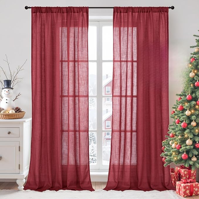BGment Burgundy Curtains for Living Room 84 Inches Long 2 Panels Set, Linen Window Drapes Semi Sheer Light Filtering with Rod Pocket for Bedroom Dining Decor Lightweight, 52 X 84 Inch