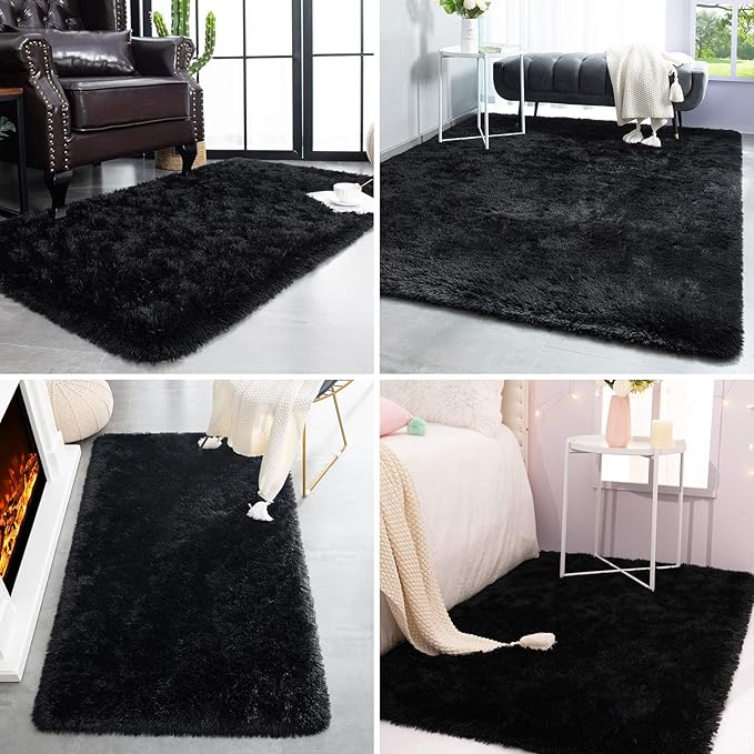 TWINNIS Super Soft Shaggy Rugs Fluffy Carpets, 3x5 Feet, Indoor Modern Plush Area Rugs for Living Room Bedroom Kids Room Nursery Home Decor, Upgrade Anti-Skid Rectangular Fuzzy Rug, Black