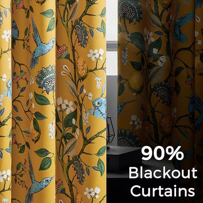 Topfinel Mustard Yellow Curtains, Aesthetic Unique Rustic Thermal Insulated Noise Reducing Cottagecore Floral Flower Printed Modern Farmhouse Window Treatment 63 Inch Length 2 Panels Bedroom 52x63