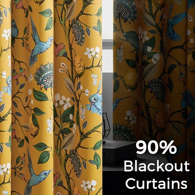 94 Inches Long Custom Satin Window Treatments,Retro Art Deco Floral Hummingbird Patterned Pretty Elegant Mustard Yellow Light Blocking Grommet Curtains Two Pages Curtains for Bedroom Playroom Room