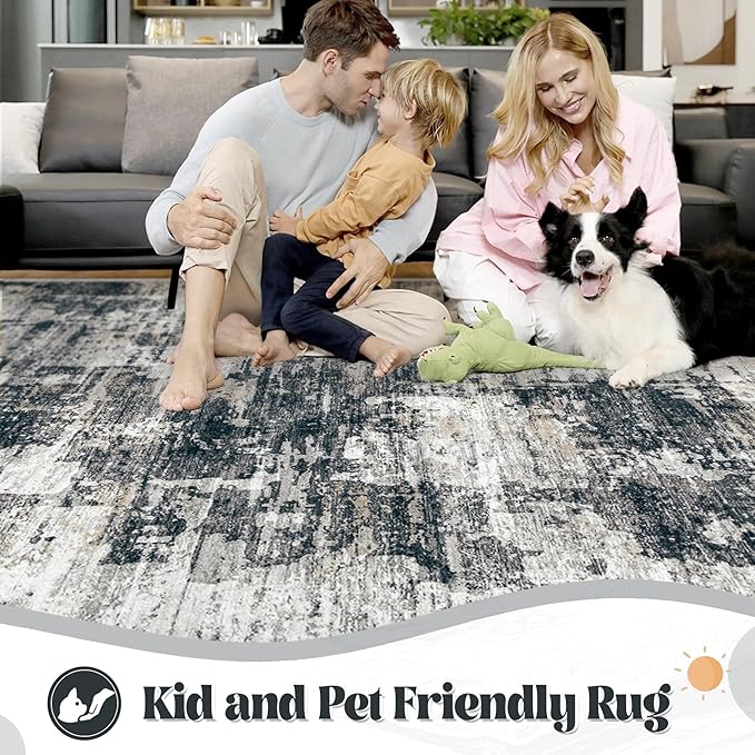 9x12 Area Rug for Living Room, Washable Modern Abstract Large Area Rug Neutral Soft Non Slip Kids Rug Stain Resistant Indoor Carpet for Bedroom Dining Room Playroom Office(BlackGrey, 9'x12')