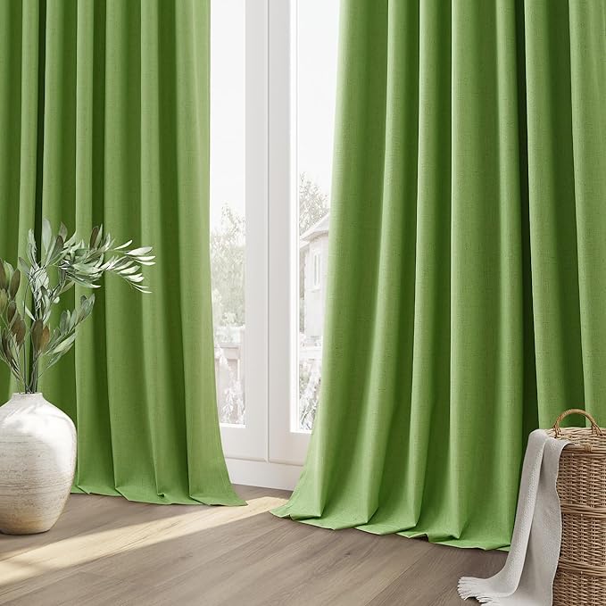 Guken 100% Blackout Curtains 120 Inch Length 2 Panels Set for Living Room Bedroom Back Tab Thermal Insulated Black Out Linen Drapes Room Darkening Lime Green,52x120