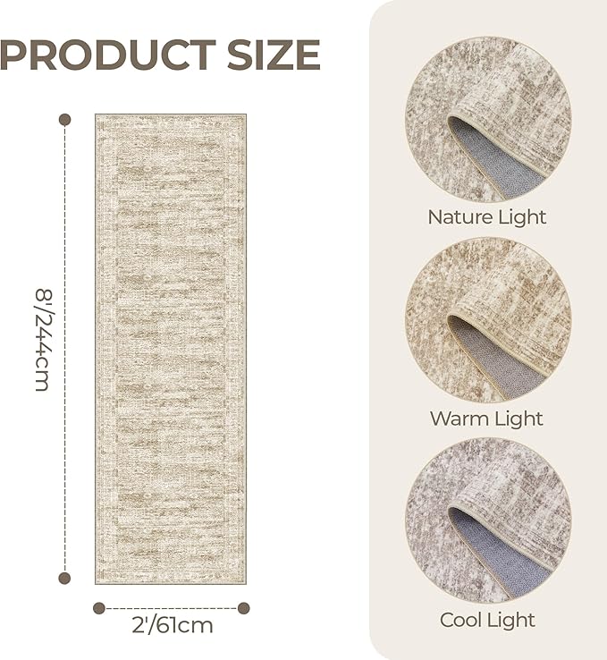 Rug Runners for Hallways Non Slip - 2x8 Runner Rug for Bedroom, Washable Runner with Rubber Backing, Soft Low-Pile Carpet for Kitchen, Laundry, Bathroom (2'x8', Brown/Ivory)