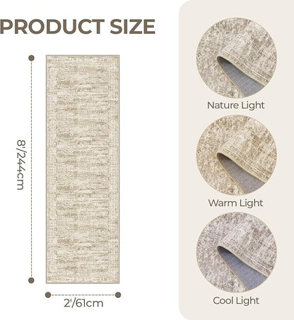 Rug Runners for Hallways Non Slip - 2x8 Runner Rug for Bedroom, Washable Runner with Rubber Backing, Soft Low-Pile Carpet for Kitchen, Laundry, Bathroom (2'x8', Brown/Ivory)