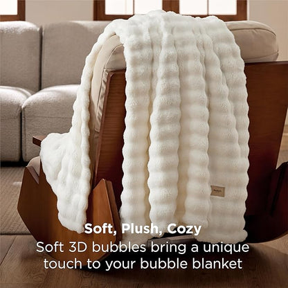 Bedsure 3D Fleece Bubble Blanket for Couch - GentleSoft White Twin Blanket for Sofa Bed Room Decor - Luxury Soft Cozy Spring Gifts for Kids, Lightweight, All Seasons, Off White, 60"×80"
