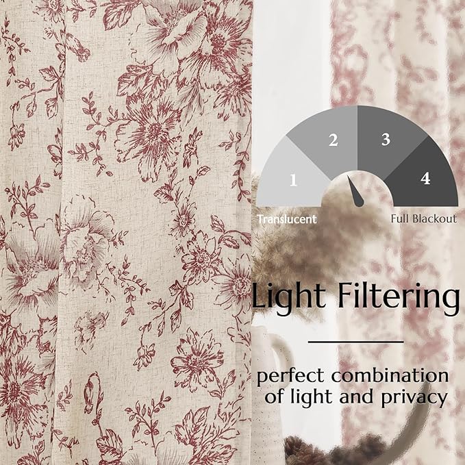 jinchan Lined Linen Blend Curtain Floral Curtains for Living Room 84 Inches Long Farmhouse Red Flower Printed Curtain Rod Pocket Back Tab Peony Patterned Drapes Curtains Set 2 Panels