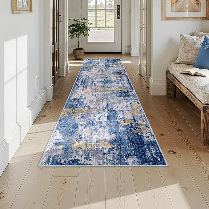 Washable Area Rugs 2'6''x10 Non-Slip Modern Abstract Soft for Living Room Entryway Bedroom Nursery, Print Pattern, Grey Blue Gold/Golden