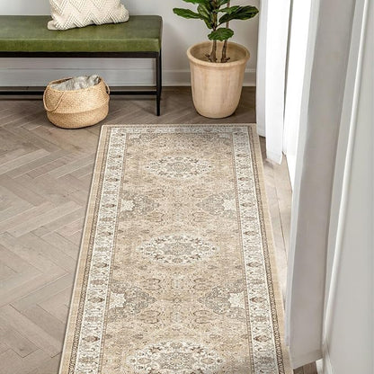 Washable 2x8 Hallway Runner Rug: Vintage Water Resistant Kitchen Entryway Rug Ultra Soft Living Room Bedroom Carpet with Non Slip Backing Indoor Low Pile Floor Mat for Bathroom Dining Room(2x8,Beige)