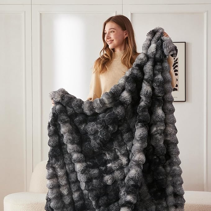 COOVA Faux Fur Throw Blanket for Couch, Cozy Soft and Fuzzy Plush Rabbit Fur Bubble Blanket for Sofa Bedroom Living Room, 60x80 Inches Tie Dye Black