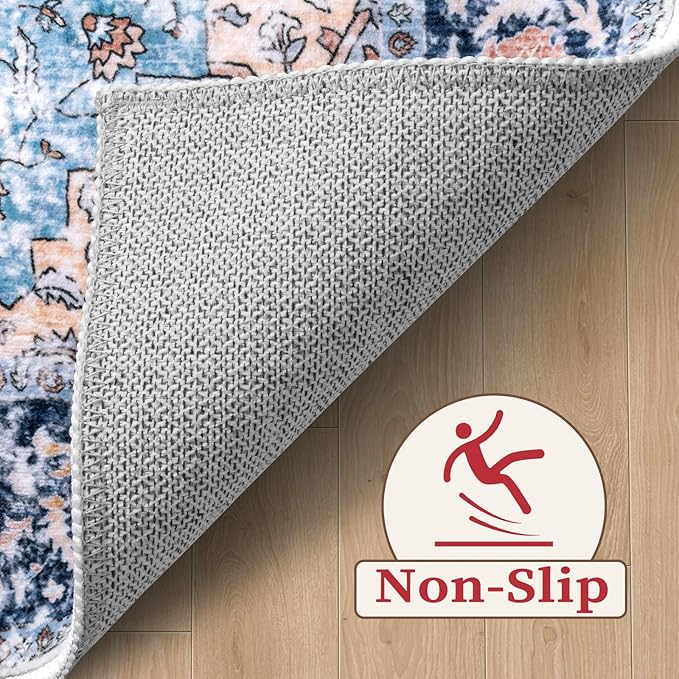 SERISSA Boho 8x10 Area Rugs, Washable Vintage Large Living Room Rug Non-Slip, Ultra Soft Oriental Print Distressed Tribal Farmhouse Blue Orange Carpet for Dining Room Bedroom Dorm Office Home Decor