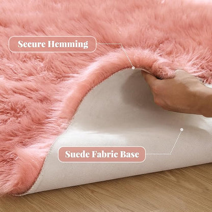 ORINOVA Pink Washable Shag Round Rugs 6.6ft Soft Plush Faux Sheepskin Fuzzy Fur Rugs for Bedroom Large Circle Fluffy Nursery Rug