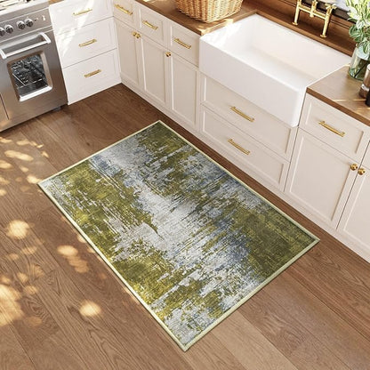 Entrance Rugs Indoor 2x3 Green Entry Rug Washable Abstract Small Area Rug Non-Slip Low Pile Throw Rugs for Entryway, Kitchen Floor, Front Door Indoor Door Mat, Bedroom Bedside