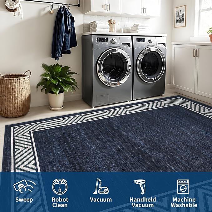 GarveeHome Bordered Bedroom Rugs 5x7 Ultra-Soft Indoor Carpet, Non-Slip Modern Geometric Living Room Rug, Stain-Resistant Neutral Accent Floor Cover for Dining Room, Nursery, Office, Navy Blue