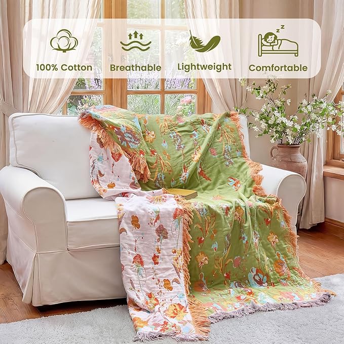 MSGKV Boho Throw Blanket 90"x108" Floral 100% Cotton Blanket with Flower and Butterfly for Bed Spring Breathable Lightweight Farmhouse King Blankets Home Decor Muslin