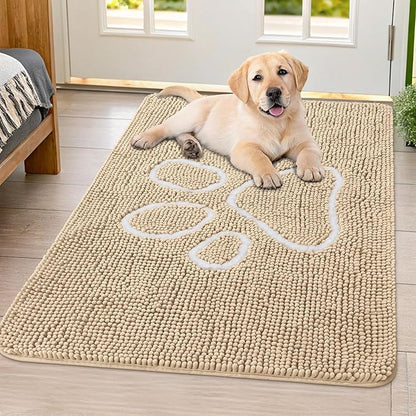 Smiry Dog Door Mat for Muddy Paws, Absorbent Dirt Trapper Non Slip Quick Dry Washable Chenille Mat for Mud Dogs, Entry Rug for Indoor and Outdoor (40x32 Inches, Beige and White)